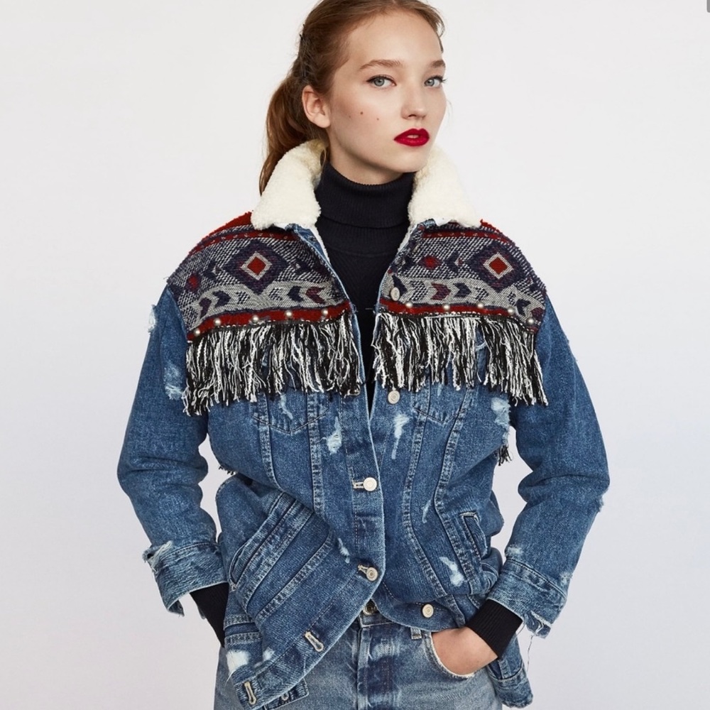 Zara Sherpa Lined Western Fringe Denim Jacket